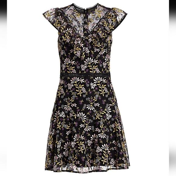 Monique Lhullier Flutter Sleeve Floral Embroidered Cocktail Dress Size 4 Black - Picture 10 of 10